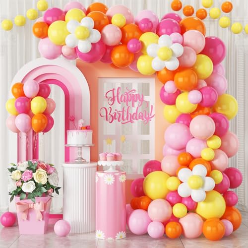 Image of Boho Daisy Balloons Arch Kit, 142Pcs Hot Pink and Orange Balloons Garland Kit 12 10 5 Inch Pink Orange Yellow Latex Balloons for Boho Girls Women Birthday Baby Shower Wedding Party Decoration