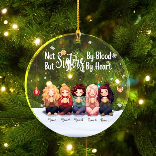 Sisters by Blood Hearts Clear Plastic Ornaments, Christmas Decorations Personalized Name Five Girls Wear Sweater Hat with Chocolate Cup Acrylic Ornaments, Gifts for Sister Friends Siblings Bestie
