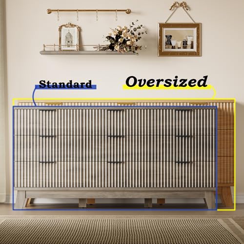 Image of BORNOON 63 inch Long Dresser for Bedroom, 9-Drawer Fluted Dresser, Extra-Wide Wood Chest of Drawers with Smooth Metal Slides, Stable Base, Modern Clothes Storage Cabinet for Living Room, Hallway, Nursery