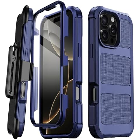 Stroson for iPhone 16 Pro Case, [Built-in Screen Protector] Military Drop Protection Cover Heavy Duty Rugged Shockproof Phone Case for iPhone 16 Pro with Kickstand & Belt Clip Holster 6.3" (Blue) Cover