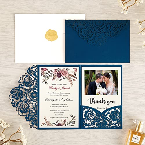 Doris Home 50Pcs Laser Cut Wedding Invitations With Envelopes Blue, 4.7X7.1 Blank Invitation Cards For Wedding, Anniversary Invitations With Envelopes #TOP1