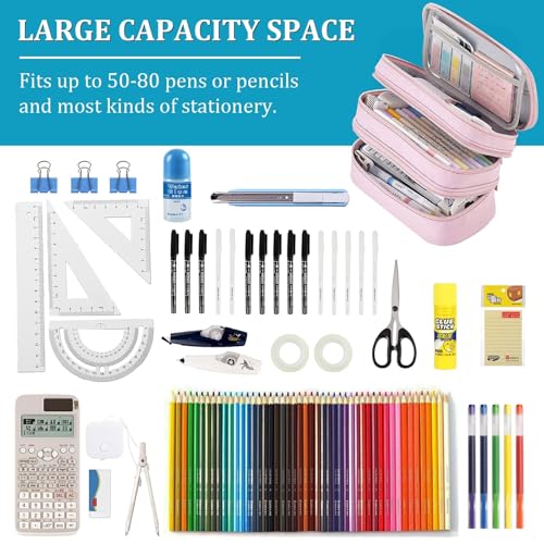 Image of Large Capacity Canvas Pencil Case With 3 Compartments - Dark Blue | Portable Canvas Stationery Organizer With Double Zippers, Simple for College, School, Office, Girl, Boy, Men, Women, Adult