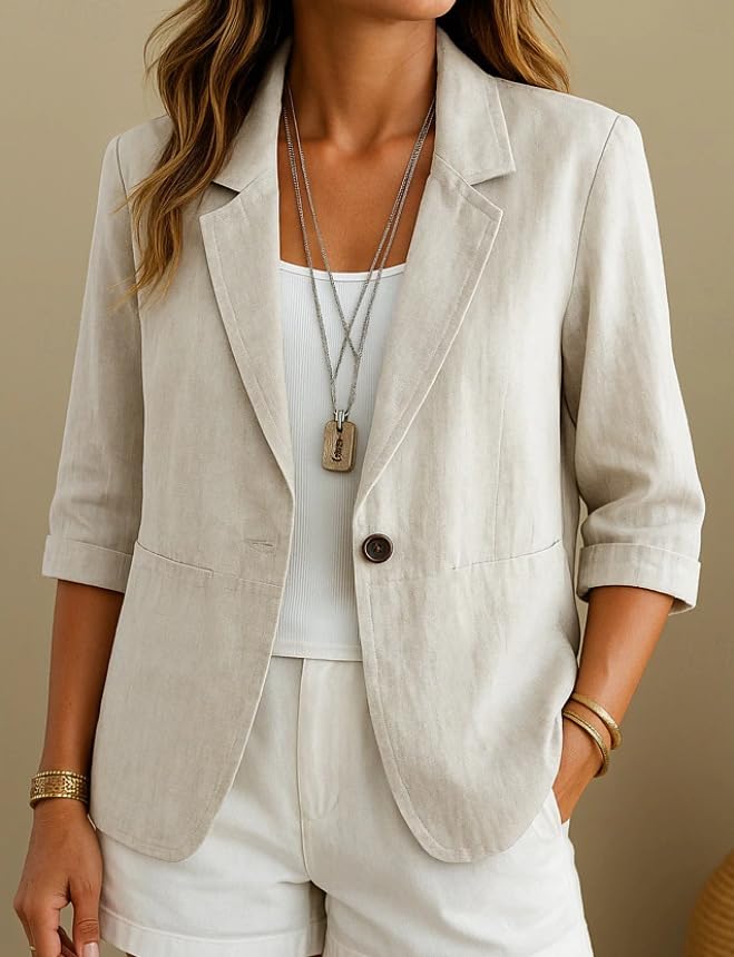 Veste Blazer Femme Blazer en Coton Et Lin pour Femme Cardigan Ouvert sur Le Devant Manches 3/4 Décontracté pour Le Travail Le Bureau Élégant Léger Vêtements D'Extérieur D'Été avec Poches Pa