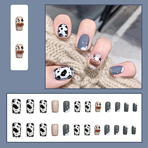 Imsohot Glossy Press On Nails Short Square Fake Nails With Design Squoval 3D Cow Print Nails Full Cover Cute False Nails With Glue For Women And Girls #TOP3