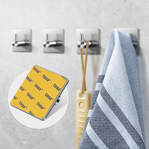 Wemk Ganci Adesivi Acciaio Inox, 4 Pezzi Appendi Accappatoio Bagno, Ganci Adesivi, Gancio Appendiabiti da Parete Autoadesivo, Gancio per Cucina e Bagno