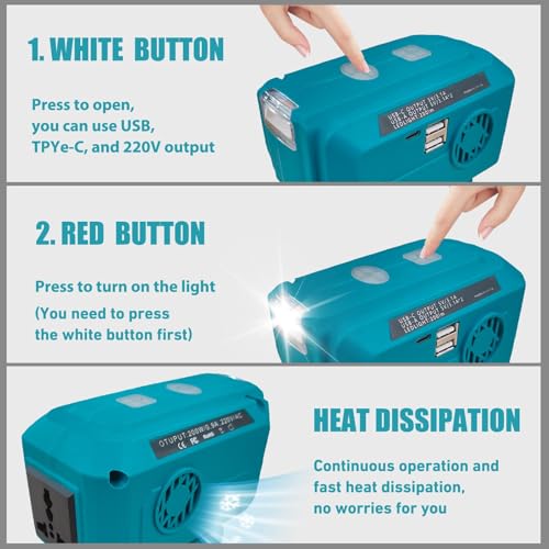 200W tragbarer Wechselrichter für Makita 18V Akkus,Konvertiert in 230V AC Steckdose & mit dualen USB-/USB-C-Anschlüssen,Integrierte 200LM LED-Lampe,Für Outdoor, Camping, Laptops und Notstrom