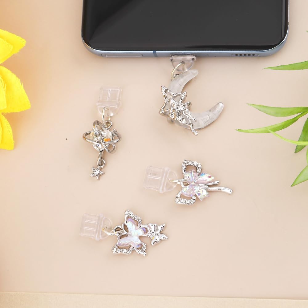 4PCS Dust Plug Charm Type C,Kindle Dust Plug Charm,Kindle Charms,Phone Charms,Butterfly Star Bow Design Kindles Basic Accessories,Charging Port Cover for Phone Type C/USB C,E-Reader Accessories image 5