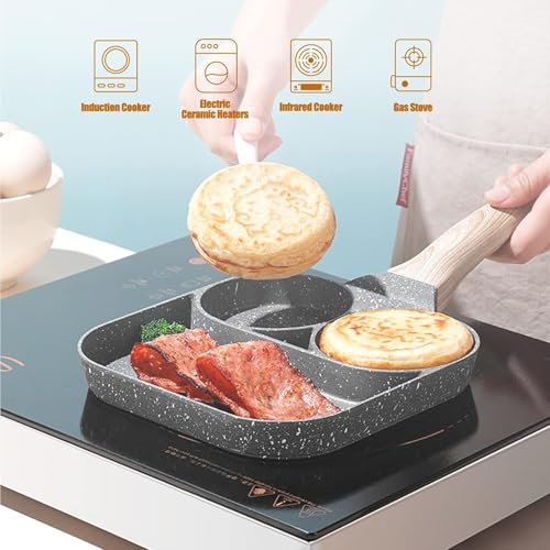 Image of Non Stick Egg Frying pan with Blocks Aluminium Fry pan for Cooking with Wooden Handle Egg Omelette pan Round with Detachable Handle (Grey)