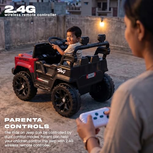 Image of Baybee SpeedRover Baby Battery Operated Jeep for Kids | Ride on Toy Electric Car with 4x4 Motors, Swing Mode, Led Lights & Music | Rechargeable Electric Ride on Toy Car for Kids 2 to 6 Years (Red)