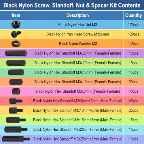 Image of EEEEE M3 Black Nylon Standoff Screws Spacers Nuts for Motherboard & PCB Mounting Hardware Circuit Board Assortment kit (600pcs) 6mm 10mm 15mm 20mm 25mm