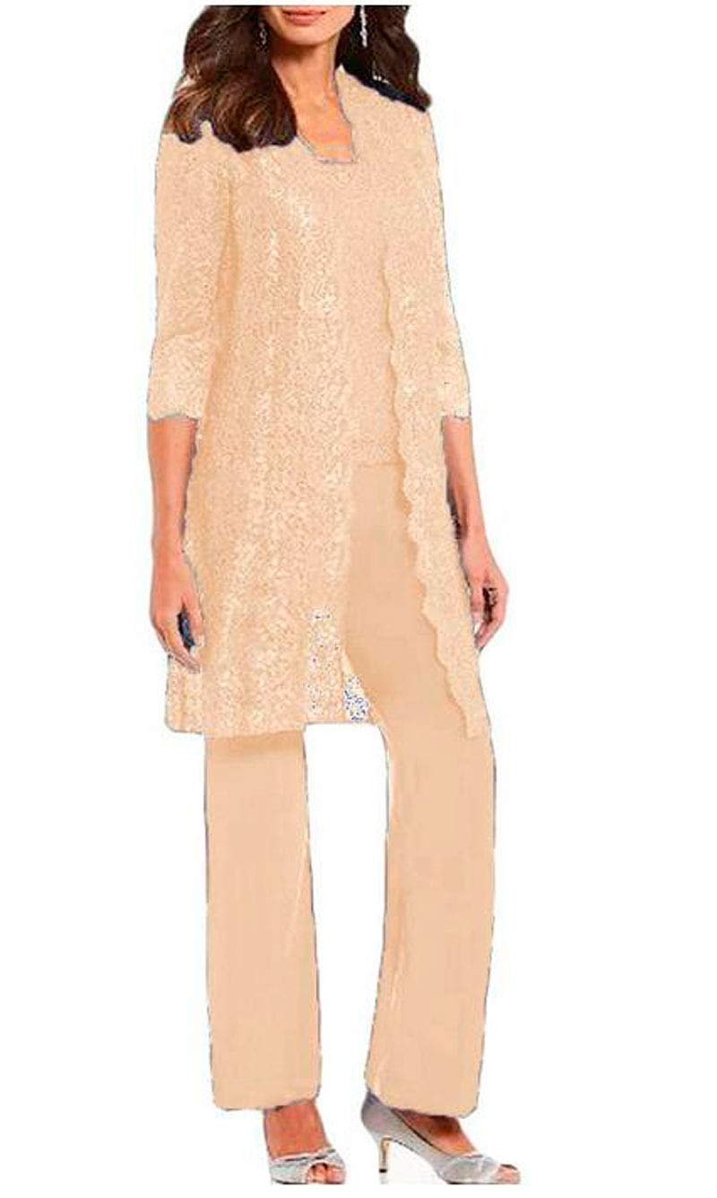 3 PC Mother of The Bride Pants Suit for Wedding Long Lace Jacket Chiffon Women Outfits for Prom Evening Champagne UK20