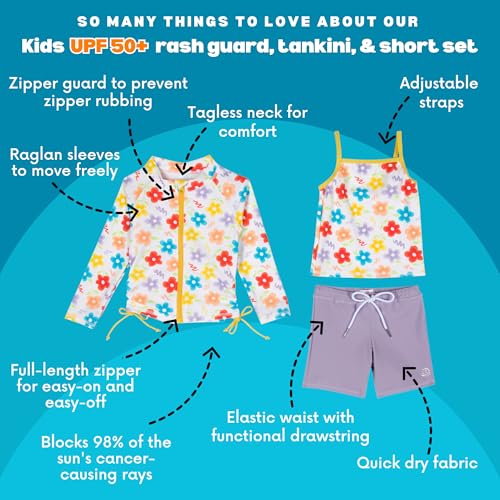 Image of SwimZip Girls' 3 Pc Swim Set w /Long Sleeve Rash Guard, Tankini & Shorts UPF 50+