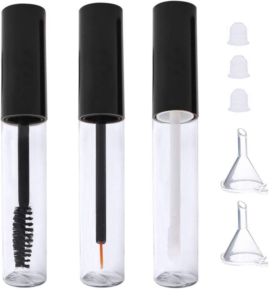 DELFINO Empty Mascara Tubes, 3 Pack 10ml Refillable Containers with Wands Funnels Pipettes, DIY Eyeliner Lip Gloss Eyelash Serum Bottles, Travel Portable Makeup Cosmetic Kit