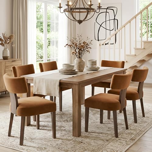 Image of HNY Mid Century Modern Dining Chairs, Velvet Fabric Farmhouse Upholstered and Curved Backrest Kitchen Accent Chairs Set of 6, with Hardwood Frame, Burnt Caramel