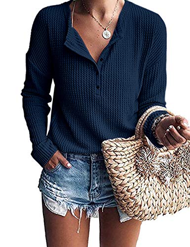 Image of MOLERANI Womens Long Sleeve Waffle Knit Henley Shirts Tunic Tops