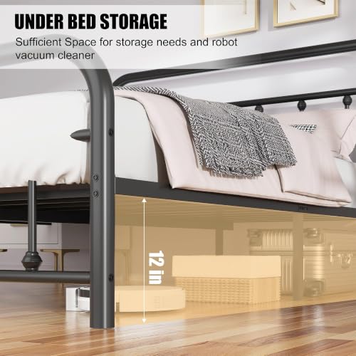 Image of Shintenchi Full Size Metal Platform Bed Frame with Headboard & Footboard, Steel Slat Mattress Foundation, Under Bed Storage, Noise-Free, No Box Spring Needed, Black Round