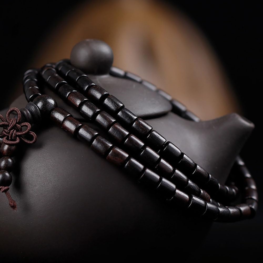 ZXQUEGF Accessori per la Meditazione, Collana in Legno, Rosario di Buddha, 108 Perline di Ebano Naturale, 8 mm