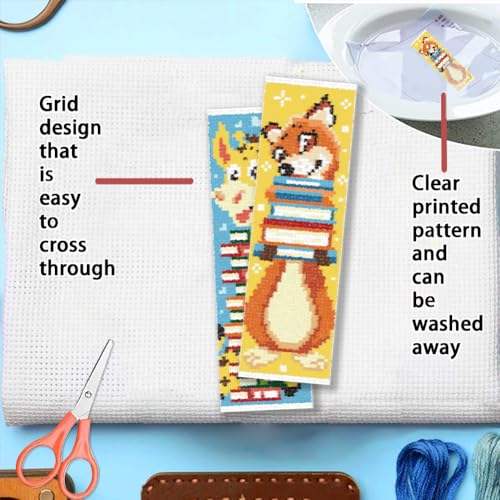 Image of FREEBLOSS 6 Set Cross Stitch Bookmark Kit 11 CT Stamped Cross Stitch Kit DIY Embroidery Bookmark Kits for Adult Beginners with Instructions, Animal Books, 6 x 20 cm /8 inch x 2.4 inch