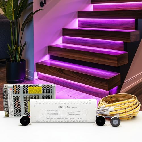 Image of Intelligent Motion Triggered LED Stair Lighting Kit KMG-3233, 40 inch Cuttable LED Strip Light for Indoor LED Stair Lights (Purple Pink, 16 Stairs)