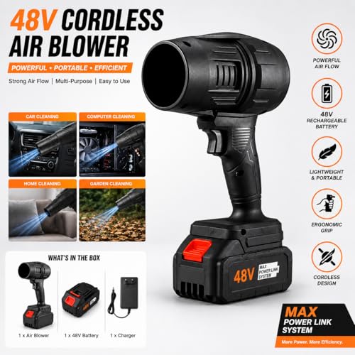 Image of 48V Cordless Air Duster Blower with 2 Lithium-Ion Batteries | High-Power Handheld Dust Cleaner for Computer, Car & Home | Portable Electric Blower with Strong Airflow & Rechargeable Battery Pack (S5)