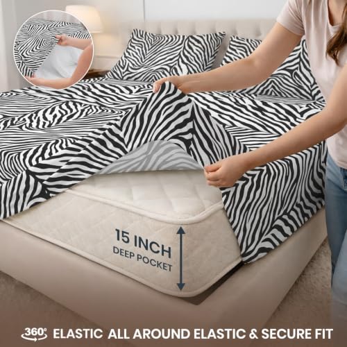 Image of SGI Split King Sheet Set for Adjustable Bed Egyptian Premium Cotton 600 Thread Count Sheets for Sleep Number Bed 15 inch Deep Pocket 5 Pc Set with 2 Twin XL Fitted Sheets Soft Breathable -Zebra Print