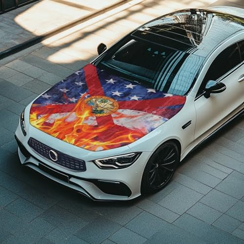 Image of Florida Flag Design Car Hood Cover for Compact Car SUV Truck Minivan, 59x39 Inch Stretchable Auto Hood Flag Waterproof Automotive Exterior Accessories