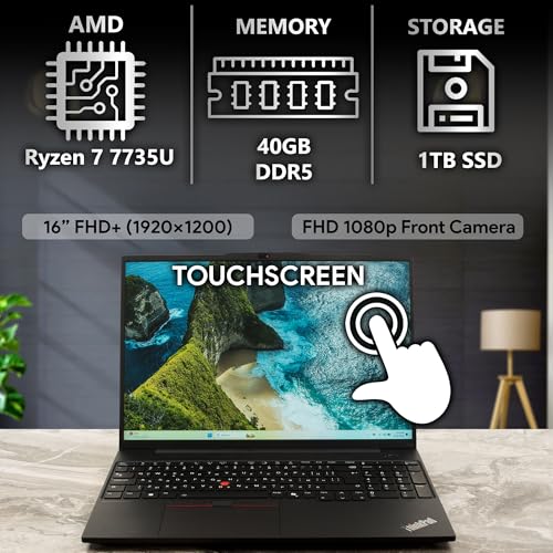 Image of Lenovo ThinkPad E16 Gen 2, FHD+ 16 inch Touchscreen, AMD Ryzen 7 7735U, 40GB RAM, 1TB SSD, Fingerprint, Backlit Keyboard, WiFi 6E + BT, RJ-45, FHD Webcam, Win 11 Pro, AI Business Laptop