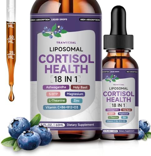 Liposomal Cortisol Liquid Drops, 18-in-1 Formula, Supports Stress, Mood, Sleep & Focus, Cortisol Reducer Manager with 300mg Ashwagandha, Magnesium & L-Theanine, Blueberry Flavor, 60ml
