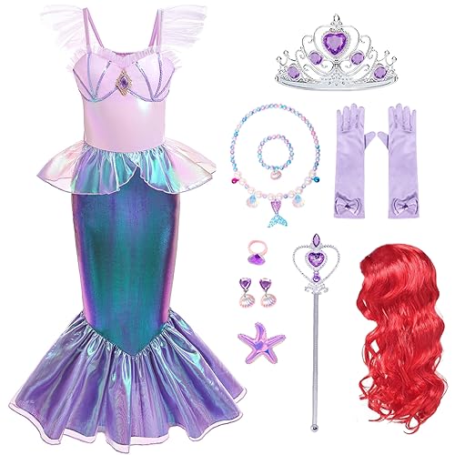 iTVTi Little Girls Mermaid Costume Princess Dress Up Ariel Outfits with Accessories Wig Birthday Party Halloween Cosplay, Pink, 4-5 Years(Tag 120)