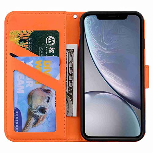 Skyhewen iPhone X/ XS Case, PU Leather Flip Wallet with Kickstand, Magnetic Clasp, Card Holder, Animal Pattern, Orange & Frog - Image 3
