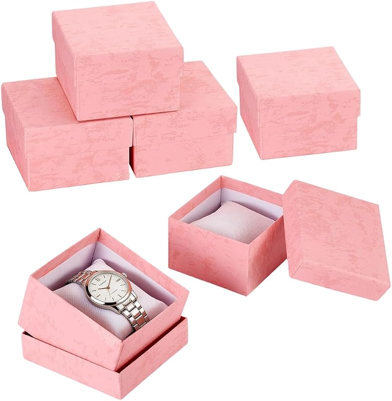 CREATCABIN 6 Pack Kraft Cardboard Watch Box with Removable Pillow Square Bracelet Gift Box Small Jewelry Organizer Storage Gift Boxes for Women Men Bangle Wrist Watch Packaging Pink 3.4x3.3x2.2in