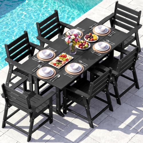 Image of 7-Piece Dining Set, HDPE Table & 6 Chairs, Black | HDPE Dining Set,67 inch Table+6 Chairs, 380 lbs, 304 Stainless, All-Weather,No Rust No Crack,Outdoor Patio Garden