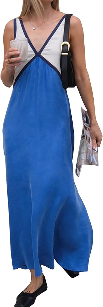 Womens Summer Color Block Satin Dress Loose V Neck Contrast Patchwork Flowy Beach Vacation Long Tank Maxi Dresses
