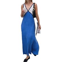 Womens Summer Color Block Satin Dress Loose V Neck Contrast Patchwork Flowy Beach Vacation Long Tank Maxi DressesBlueX1-M