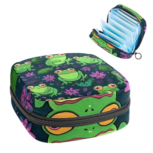 Portable Menstrual Pad Bags, Large Capacity Sanitary Napkin Storage Bag, First Period Kit for Girls Women, Zipper Nursing Pad Holder Funny Cartoon Frogs with Lotus