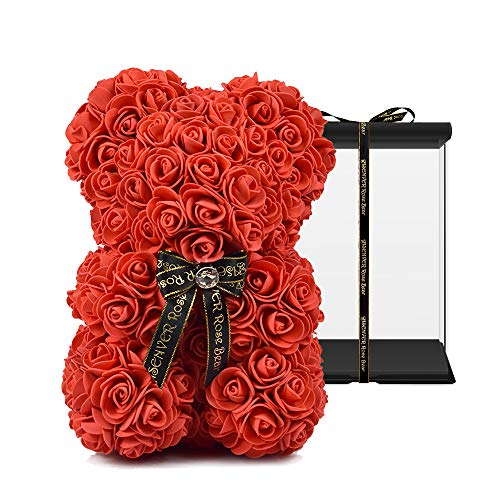 ASENVER - Oso de rosa artificial hecho a mano, color puro para San Valentín, cumpleaños y día de la madre, con una caja de regalo negra de 28 cm Cover
