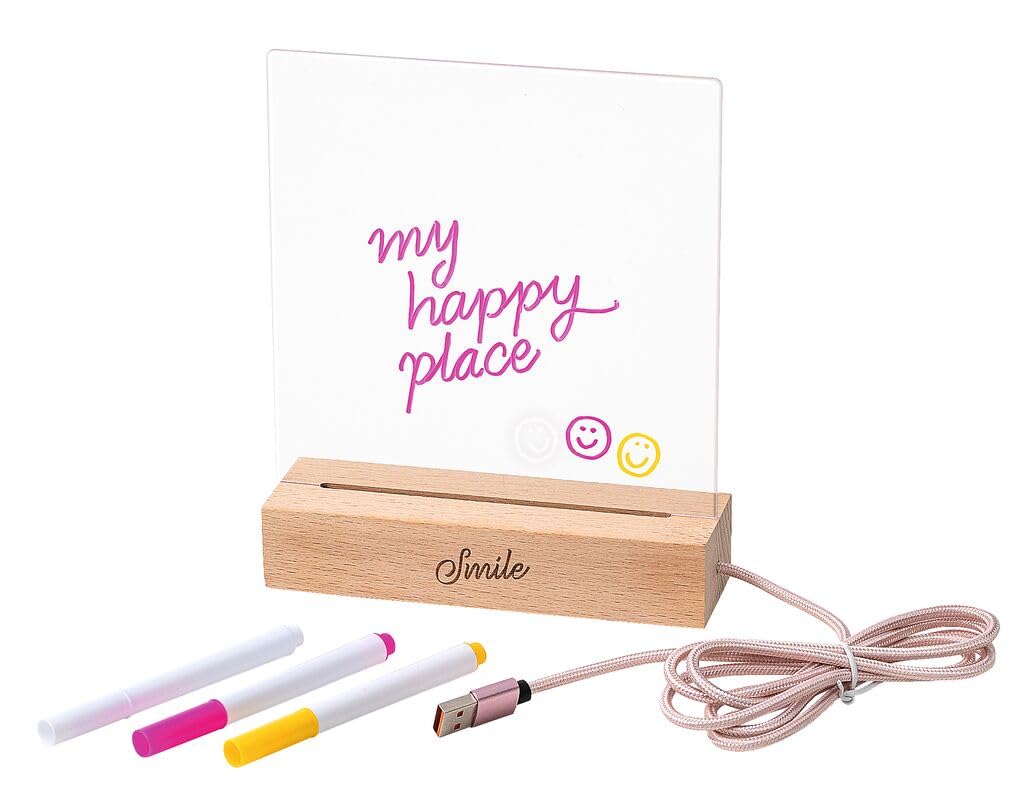 moses. Smile tablica z diodami LED, przezroczysta tablica na notatki z 3 pisakami foliowymi, podświetlana tablica do pisania wiadomości, podświetlana tablica z kablem tekstylnym USB-A
