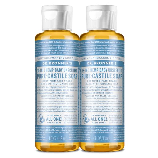 Dr. Bronner’s – Pure-Castile Liquid Soap (Baby Unscented, 4 Ounce, 2-Pack) – Made with Organic Oils, 18-in-1 Uses: Face, Body, Hair, Laundry, Pets and Dishes, Concentrated, Vegan, Non-GMO