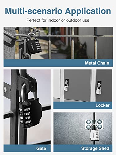 Puroma 4 Pack Combination Lock 4 Digit Outdoor Waterproof Padlock For School Gym Locker, Sports Locker, Fence, Toolbox, Gate, Case, Hasp Storage (Black & Silver) #TOP7