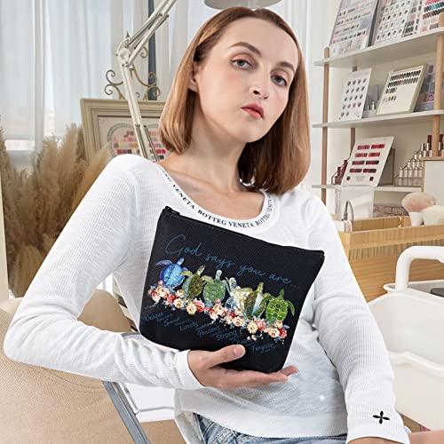 LEVLO Sea Turtle Cosmetic Make Up Bag Turtle Lover Gift God Says You are Unique Special Lovely Chosen Forgiven Makeup Zipper Pouch Bag for Women Girls God Says Turtle Black - Image 4