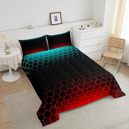 Image of Red Blue Ombre Bedding Set Queen, Geometric Honeycomb Comforter Set Abstract Ombre Honeycomb Comforter Beehive Hexagon Duvet Set with 2 Pillow Case