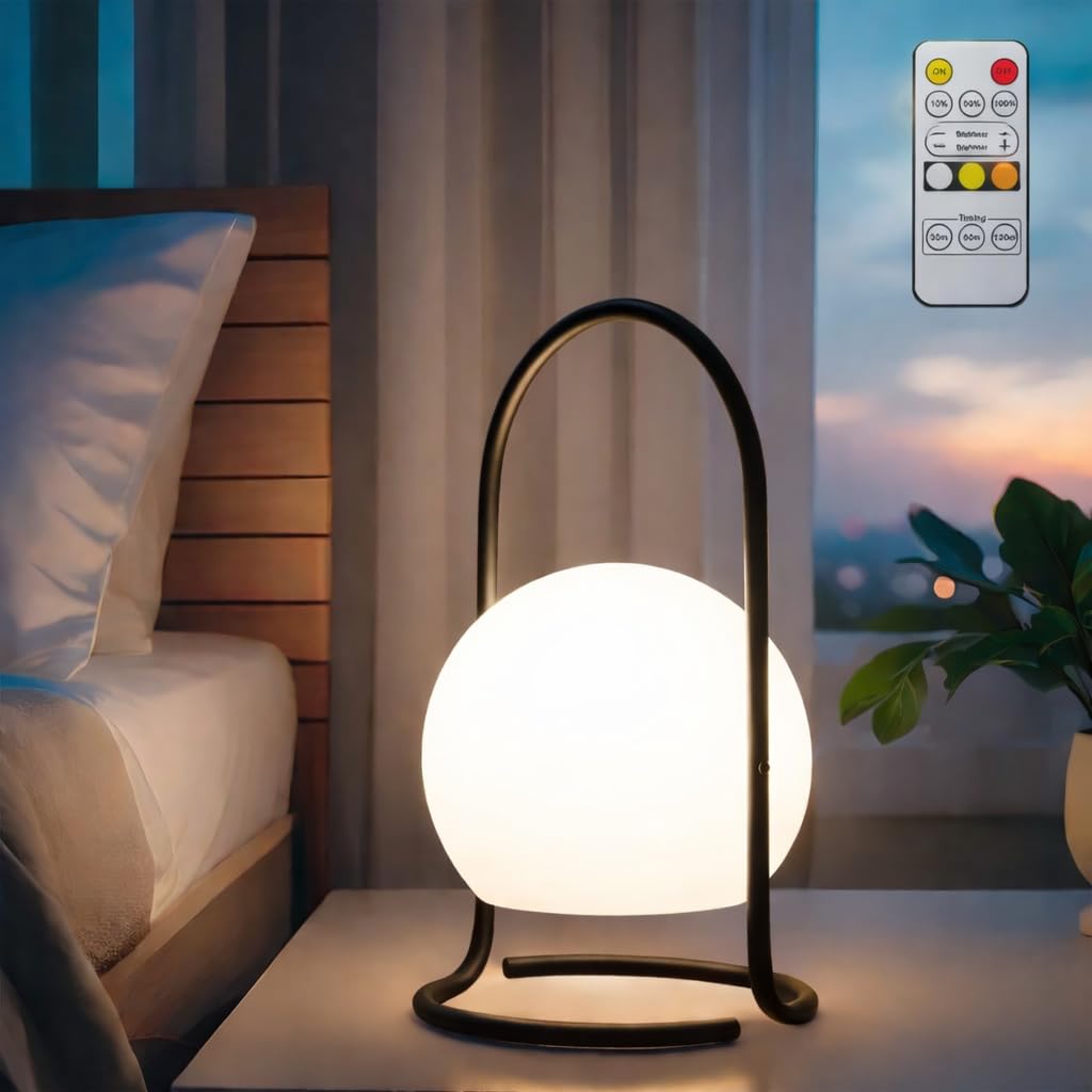 TRIROCKS Rechargeable Cordless Table Lamp, Portable LED Bedside Lantern with Remote Control, 3 Light Modes, 4000mAh Battery Operated Lamp for Bedroom, Living Room, Patio, Camping, Black