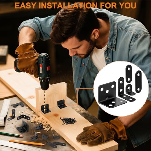 Image of 40 Pack L Bracket Corner Brace Kit, 5 Sizes Stainless Steel L Brackets for Wood Shelves, 90 Degree Right Angle Bracket, Black Metal Corner Brackets for Furniture Cabinet Drawer Chair with 116 Screws