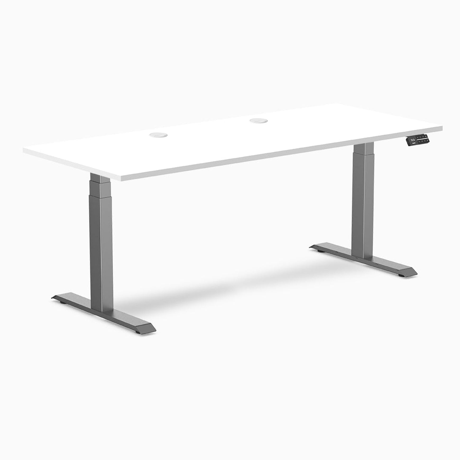 Desky Dual Laminate Sit Stand Desk White 70.9" Grommets Space Gray