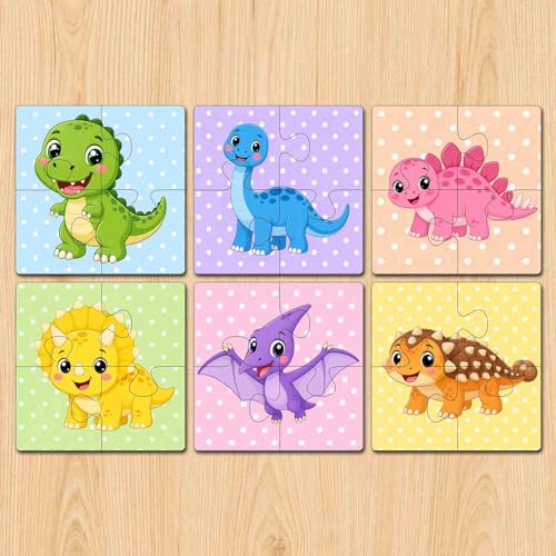 Image of Wooden Jigsaw Puzzle Set of 6 for Kids Age 2-6 Years | Pack of 6 Puzzles with 4 Pieces Each | Toddler Learning Educational Toy | Mixed Themes Puzzle for Boys & Girls (Dinosaur)