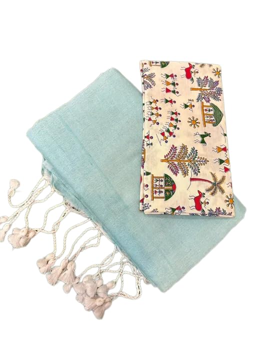 Smriti's Solid Pure Cotton Handloom saree with Running Kalamkari Print Blouse-image-24