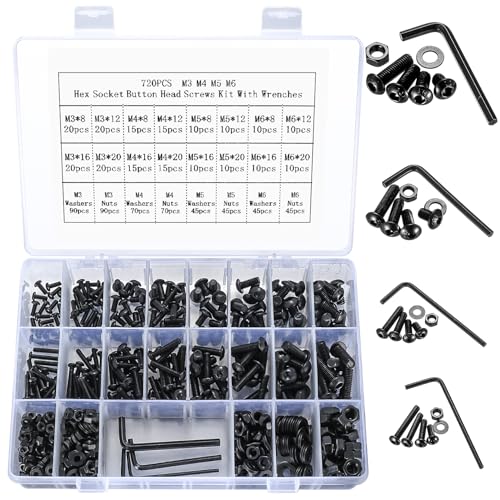 720 STK M3 M4 M5 M6 Linsenkopfschrauben Muttern Set, Linsenkopf Innensechskant Schrauben und Muttern Unterlegscheiben Sortiment Set, Maschinenschrauben Gewindeschrauben Set mit Schraubenschlüssel