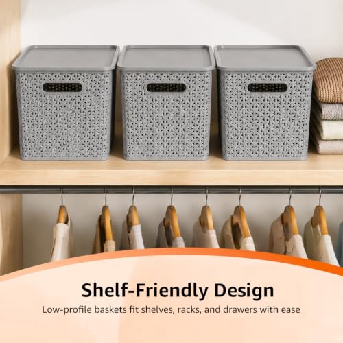 Image of Amazon Basics Set of 3 Plastic Storage Baskets with Lid - Stackable Organiser for Wardrobe, Kitchen, Clothes, Toys, Books, Office Multipurpose Shelf Basket (Large, 36x30x22 cm) | Grey, Rectangular