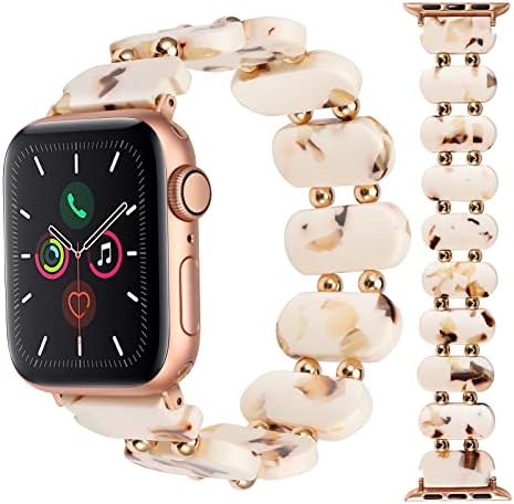 Minyee Compatible with Apple Watch Bands Resin 38mm 40mm 41mm,Tortoise Shell Stretchy Cute Solo Loop Strap Women Light Fashion Waterproof Bracelet with Metal Beads for iWatch Series 8/7/6/5/4/3/2/1/SE