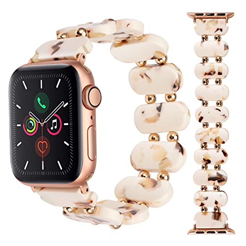 Minyee Compatible With Apple Watch Bands Resin 38Mm 40Mm 41Mm,Tortoise Shell Stretchy Cute Solo Loop Strap Women Light Fashion Waterproof Bracelet With Metal Beads For Iwatch Series 8/7/6/5/4/3/2/1/Se #TOP13